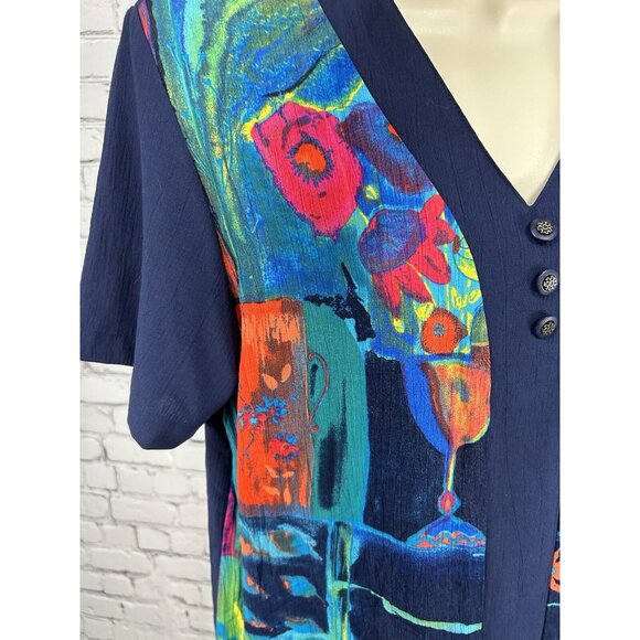 VTG CM Shapes Floral Colorful Button Shoulder Pad Short Sleeve Tunic Blouse M - Picture 6 of 9